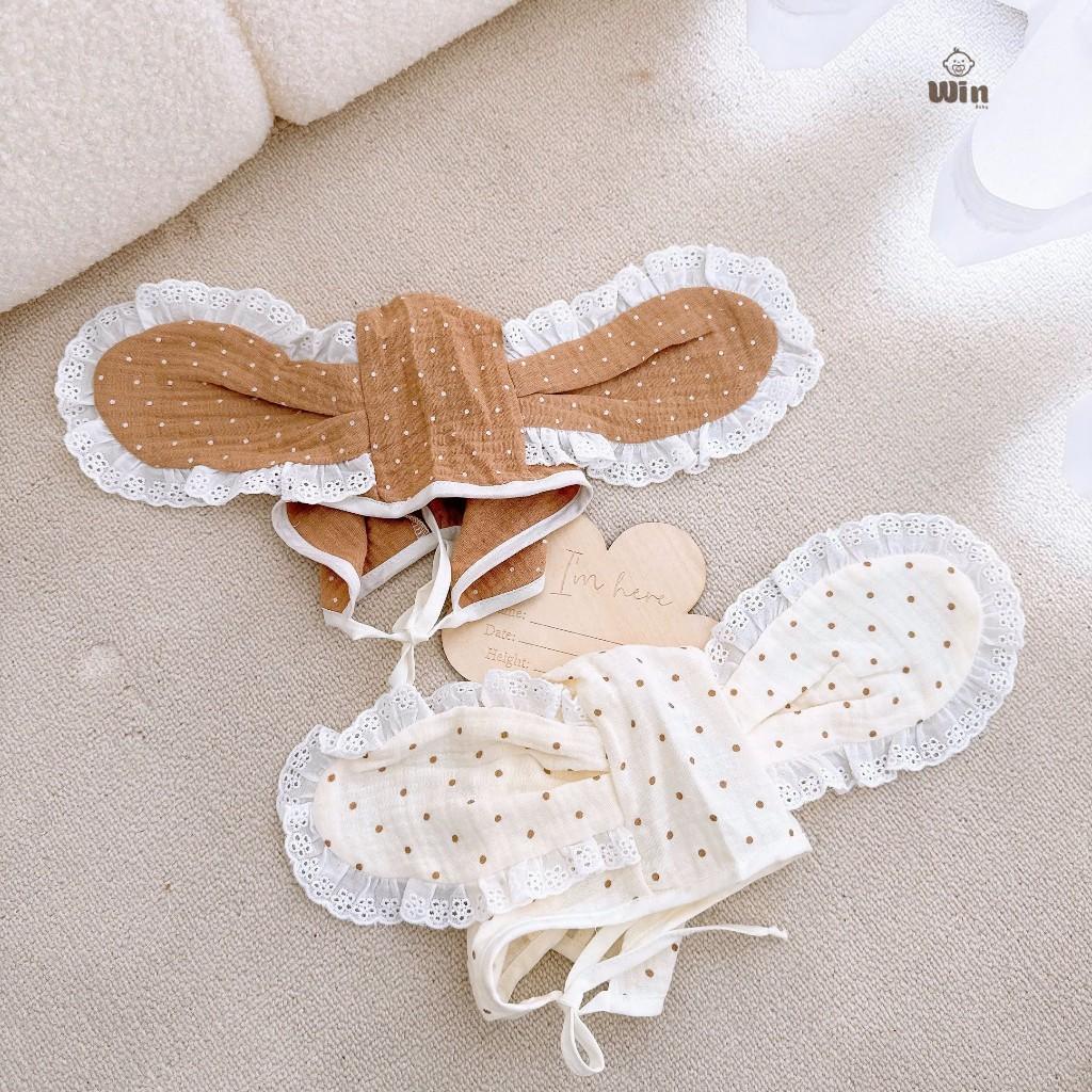 Mũ Nón Tai Thỏ Cột Dây Chất Xô Muslin Mềm, Thoáng, Siêu Cute Cho Bé Gái 1-12 Tháng
