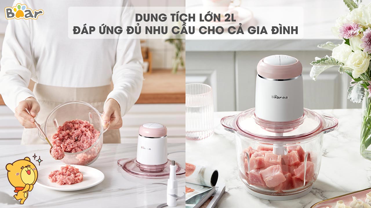 Máy Xay Thịt, Máy Xay Thực Phẩm Cực Êm Đa Năng BEAR QSJ-B03K2 Dung Tích 2 Lít, Công Suất 300 W - Hàng Chính Hãng