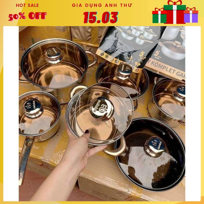 Set Bộ nồi Đức 5 đáy Yimeitai gồm 6 món lắp hợp kim vàng dùng cho mọi loại bếp điện, bếp từ, bếp ga