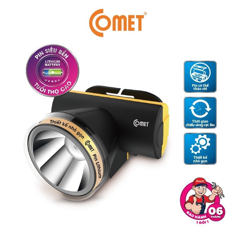 Đèn Pin Sạc Led Đội Đầu Comet CRT1613 2W Lithium 1800mAh Siêu Sáng, Ánh Sáng Trắng