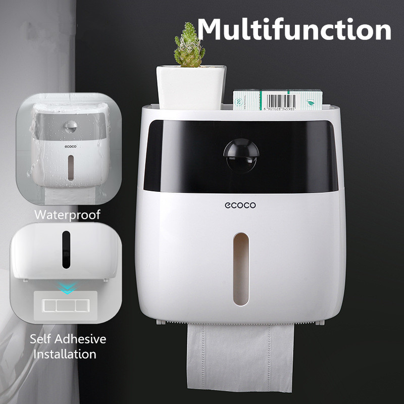 Hộp đựng giấy vệ sinh 2 tầng E1804 cao cấp treo tường Ecoco - trắng nắp xám