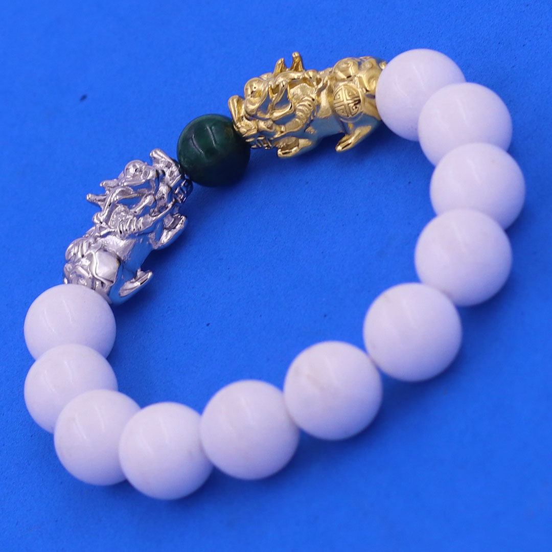 Vòng chuỗi đeo tay san hô trắng 12 ly charm tỳ hưu đôi inox trắng và vàng, vòng chuỗi phong thủy, charm tỳ hưu, vòng tay hạt chuỗi