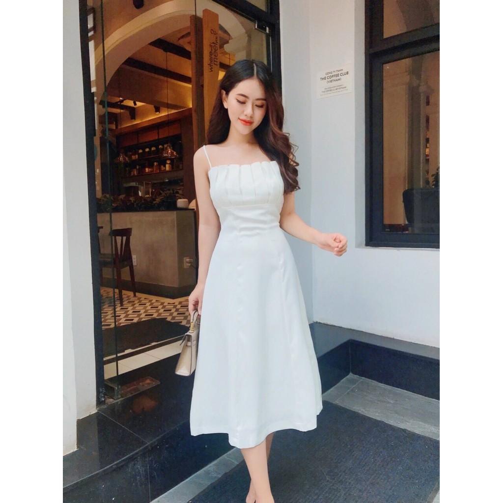 Đầm xòe 2 dây xếp ly ngực xinh lung linh