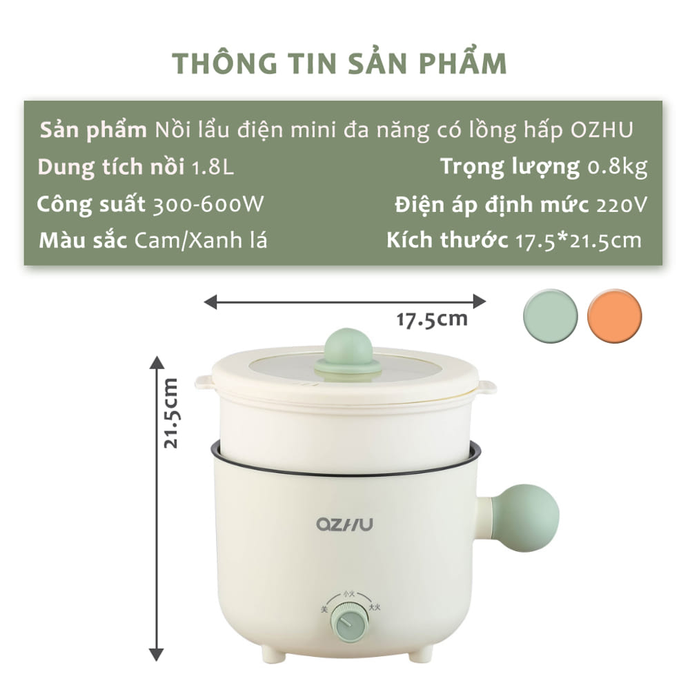 Nồi Lẩu Điện NHẬT BẢN Đa Năng 2 Nấc Nhiệt Kèm Giá Hấp 18Cm, Nồi Nấu Đa Năng Chống Dinh 2 Tầng 1,8L Có Tay Cầm Tiện Dụng - Hàng Chính Hãng