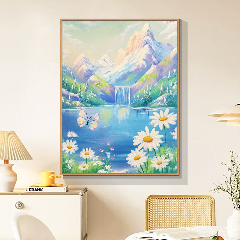 Tranh thêu kín Cúc hoạ mi bên hồ nước 3132, kích thước 50 x 60 cm