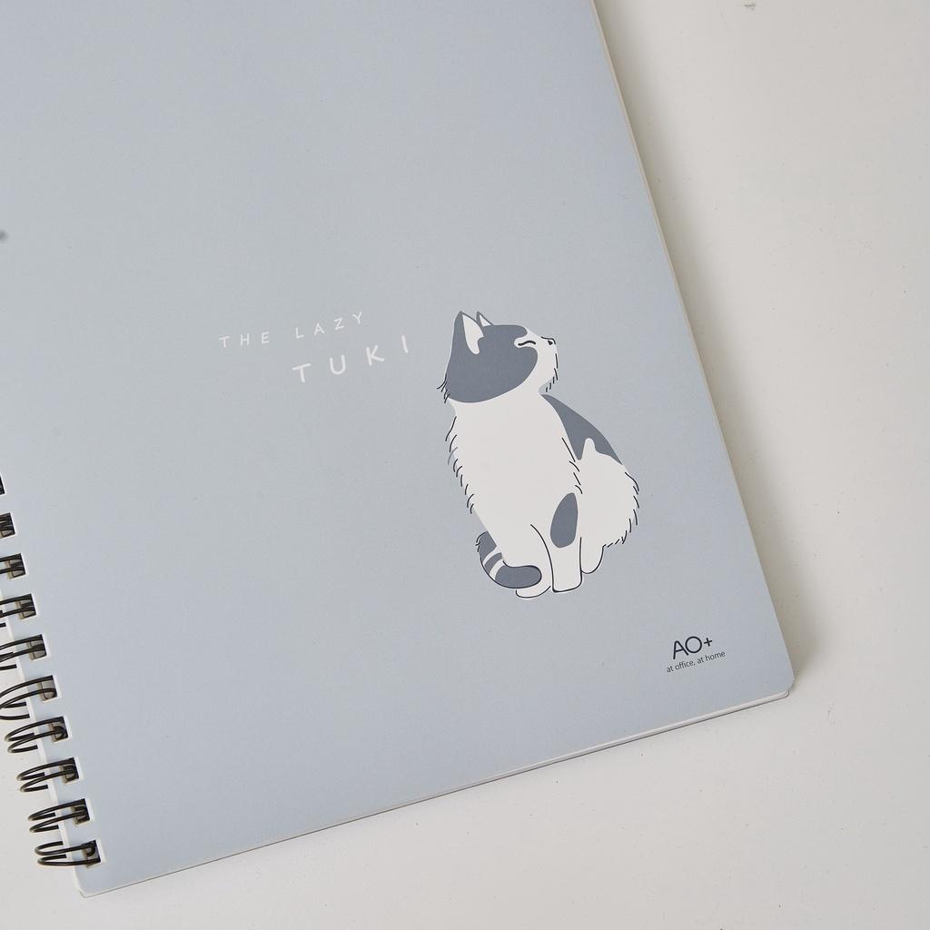 Sổ tay hoạ tiết mèo Tuki, A5, Bìa nhựa, 140 trang gáy lò xo, thương hiệu AO