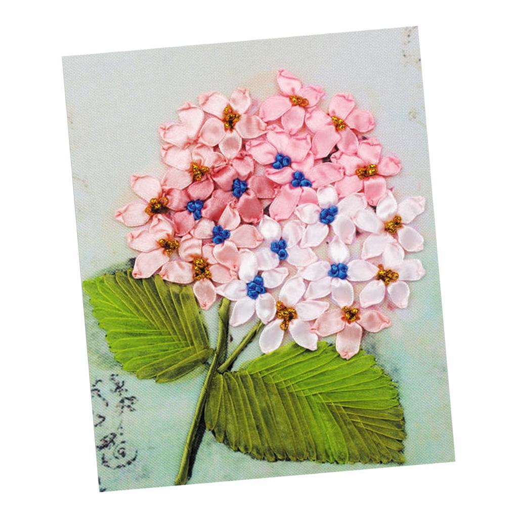 Ribbon Embroidery Kit for Beginner Pink Flower Pattern DIY Home Wall Decor