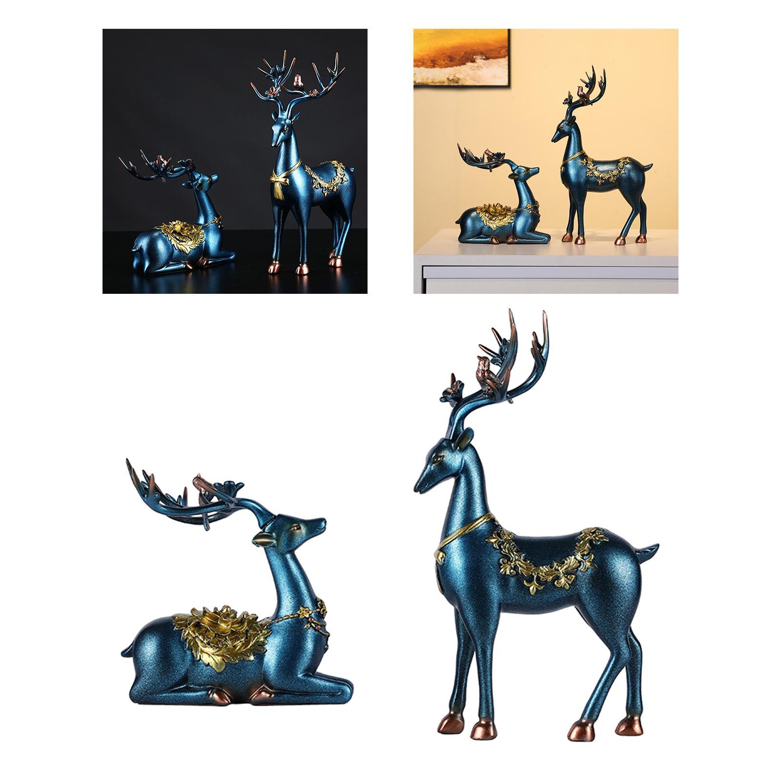 2Pcs Deer Figurines Reindeer Sculptures Ornament Couple Elk Statues