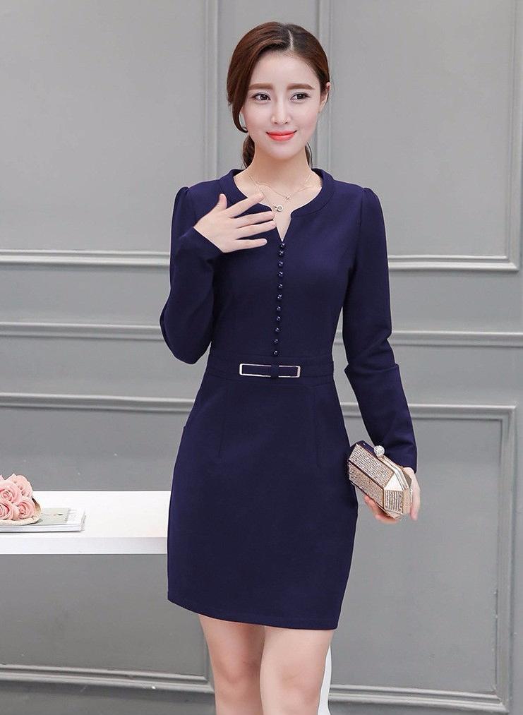 Đầm suông cổ cách điệu đính ngọc trai cao cấp - DS42