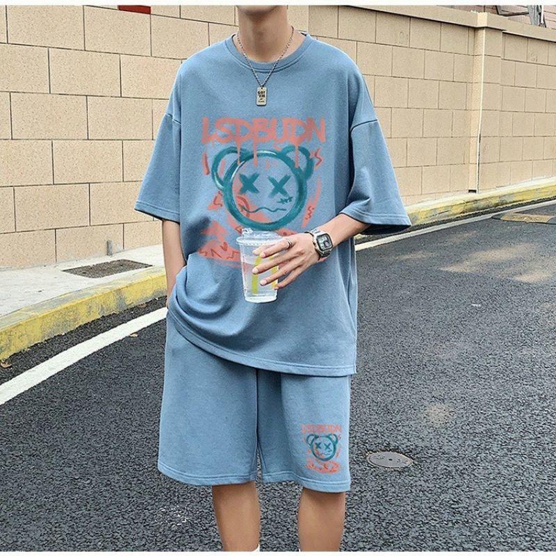 Set Bộ quần áo thể thao unisex in hình gấu,Bộ đùi cổ tròn tay lỡ mặc nhà cotton form rộng mẫu hè mới