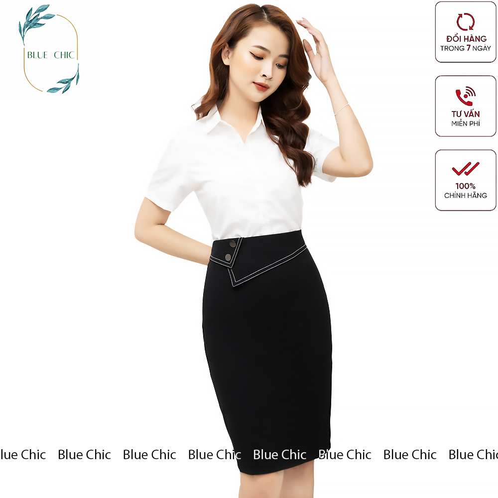 Chân váy bút chì Blue Chic phối 2 khuy mạ crom sang trọng, quý phái, có lớp lót chất vải cao cấp