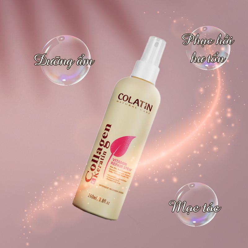 Xịt dưỡng tóc Colatin Vitamin Keratin Repair Spray phục hồi hư tổn khô xơ uốn nhuộm 260ml + Gội xả gói Karseell 15ml