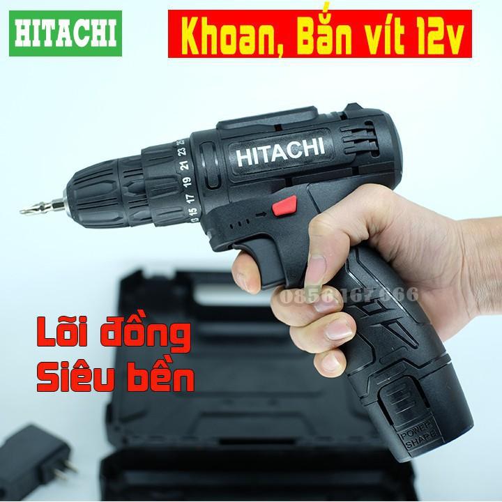 Máy khoan pin HITACHI 12V, Bắn Vít, Vặn vít - Khoan cầm tay 2 cấp tốc độ, 100% đồng, Siêu bền, Có Đèn