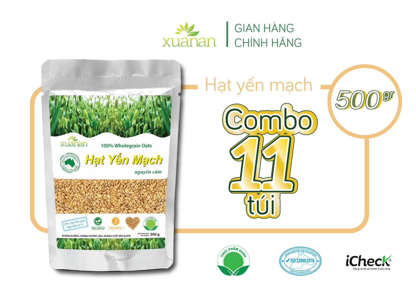 Combo 11 Túi Hạt Yến Mạch Nguyên Cám Úc Xuân An Túi 500G