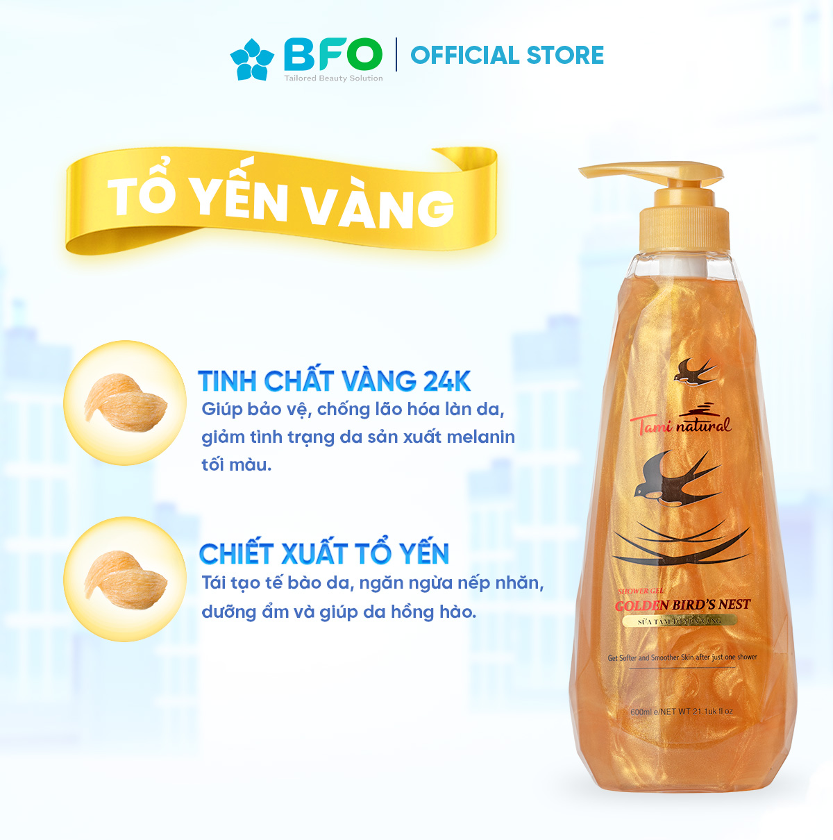 Sữa Tắm Tinh Dầu Thư Giãn Tổ Yến Vàng Công Nghệ Anh Quốc Tami Natutal Dưỡng Ẩm Trắng Da Ngừa Lão Hóa Dung Tích 600ml