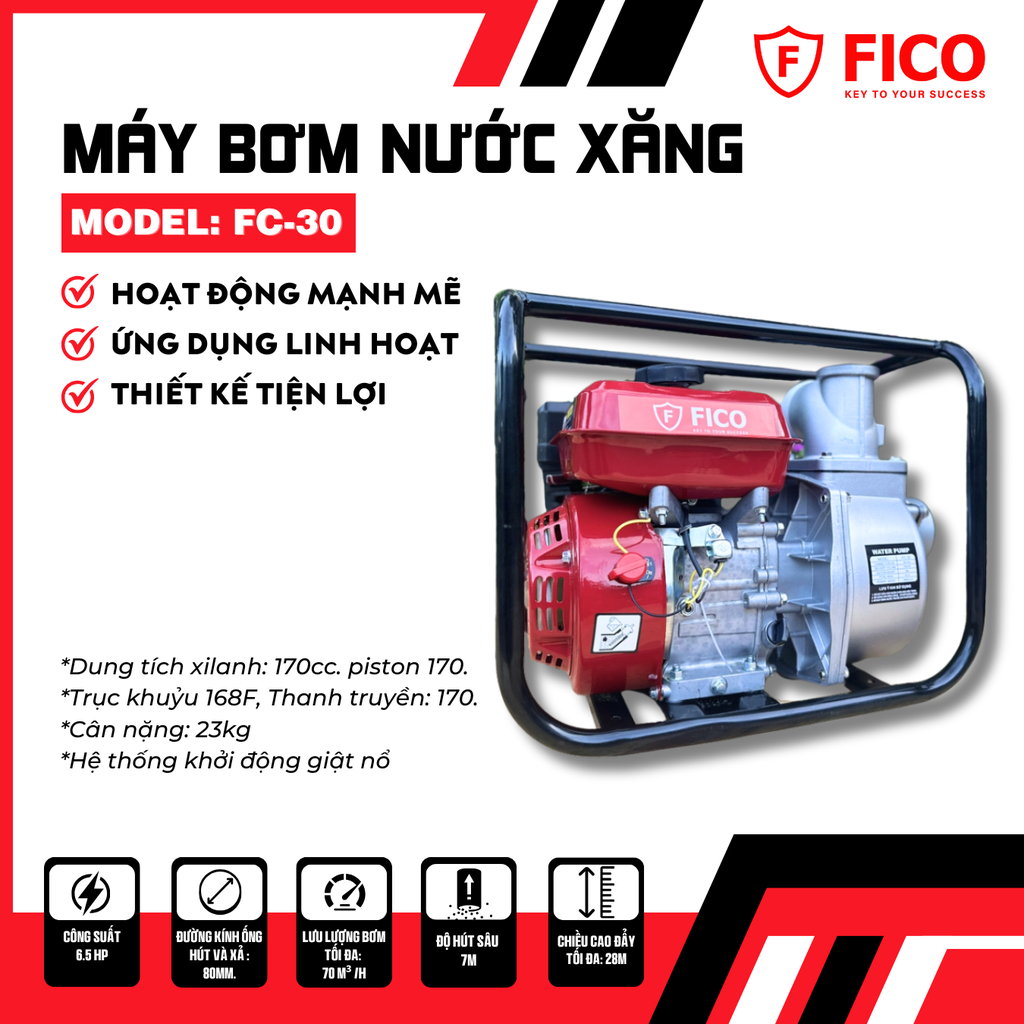 MÁY BƠM NƯỚC CHẠY XĂNG 6.5HP ỐNG 80MM FC-30 FICO - HÀNG CHÍNH HÃNG