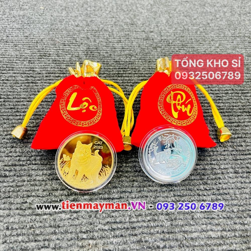 Cặp tiền xu hình con Mèo Úc vàng bạc lì xì tết Quý Mão 2023 - túi LỘC nhung đỏ tặng kèm, Lì Xì Tết - NELI