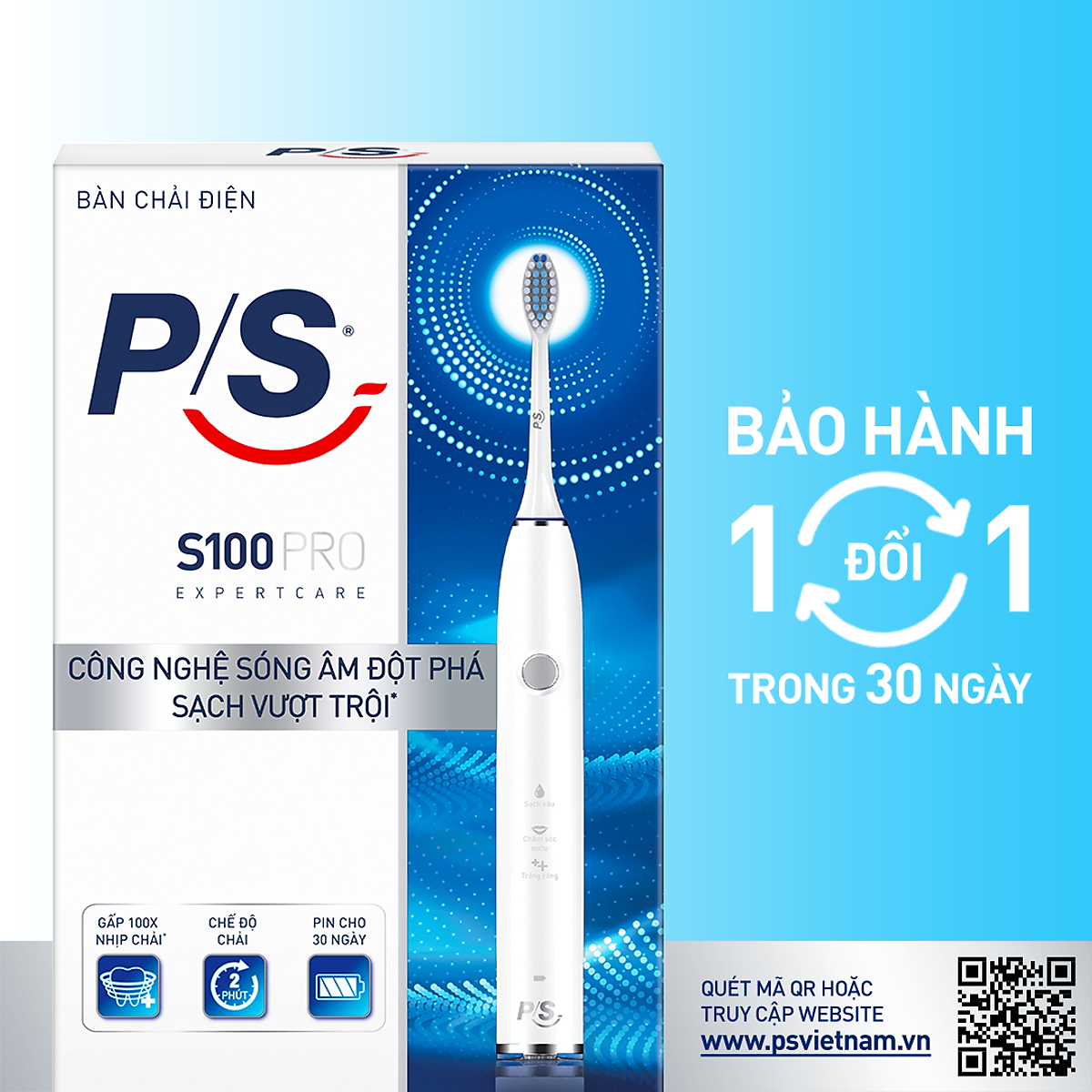 Bàn Chải Điện P/S S100 PRO - Công Nghệ Sóng Âm, Chải Sạch Mảng Bám Tới 10X - Trắng Sáng