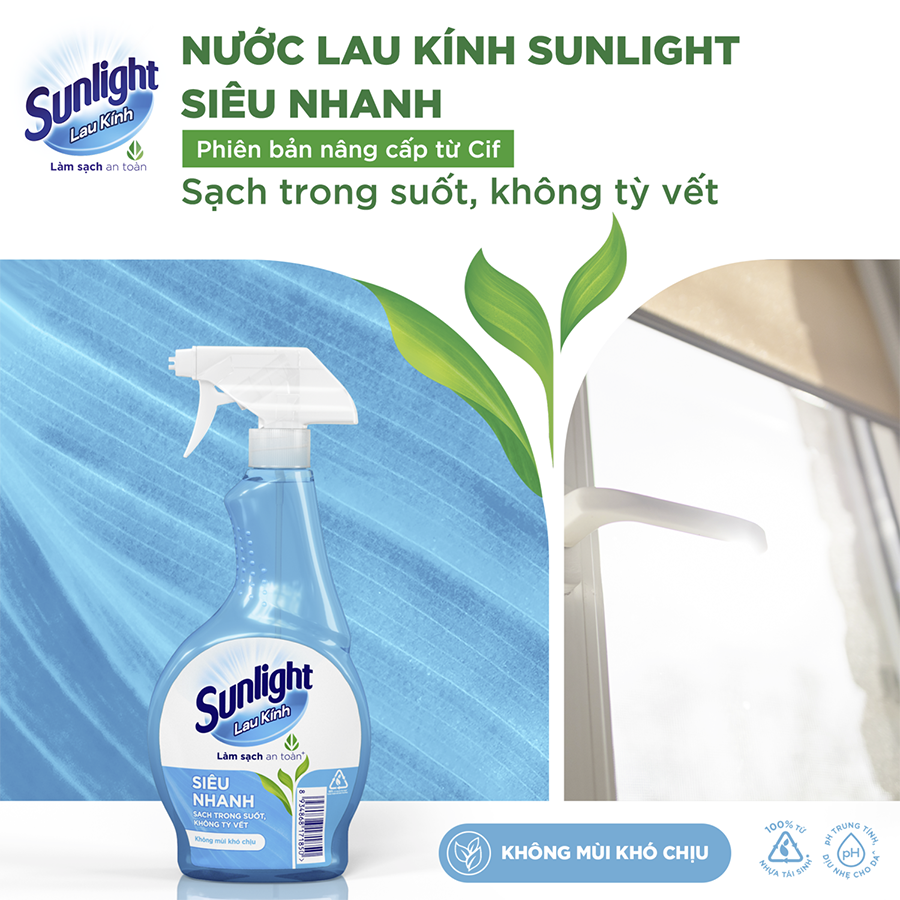 Combo 2 Nước lau kính Sunlight Siêu nhanh | Phiên bản nâng cấp từ Cif | Sạch trong suốt, không tỳ vết | Chai 520ml