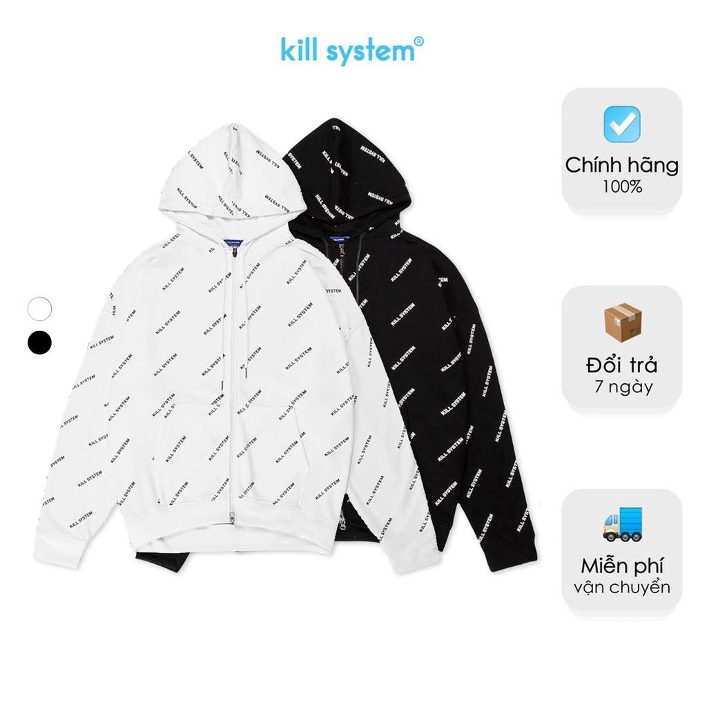 Áo khoác hoodie zip Kill System Cross nam nữ, màu đen trắng, vải chân cua, co giãn tốt, dày dặn, phong cách unisex