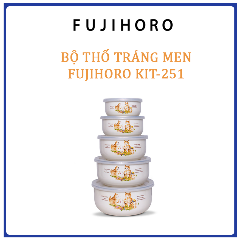 Bộ 5 thố tráng men cao cấp Nhật Bản Fujihoro (Hoa Văn Con Mèo) KIT-251