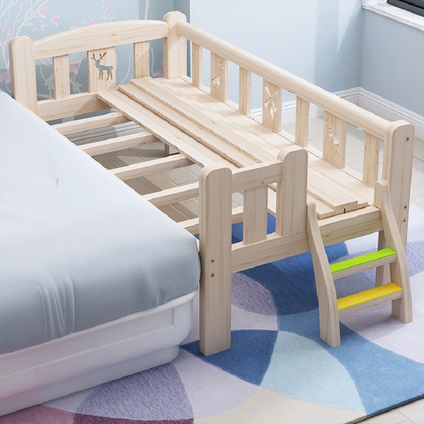 Giường ngủ cho bé chất liệu gỗ thông size 1m5 có cầu thang phù hợp trẻ từ 0 - 10 tuổi, tặng hộp bút màu nước