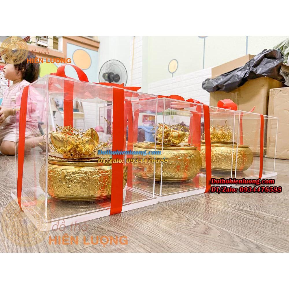 Bộ Trầu Cau Mạ Vàng 24K Gôm: 01 Cơi Trầu + 01 Bộ Cau 5 + Hộp Mica Cao Cấp - Quà Tặng Thờ Cúng Ý Nghĩa