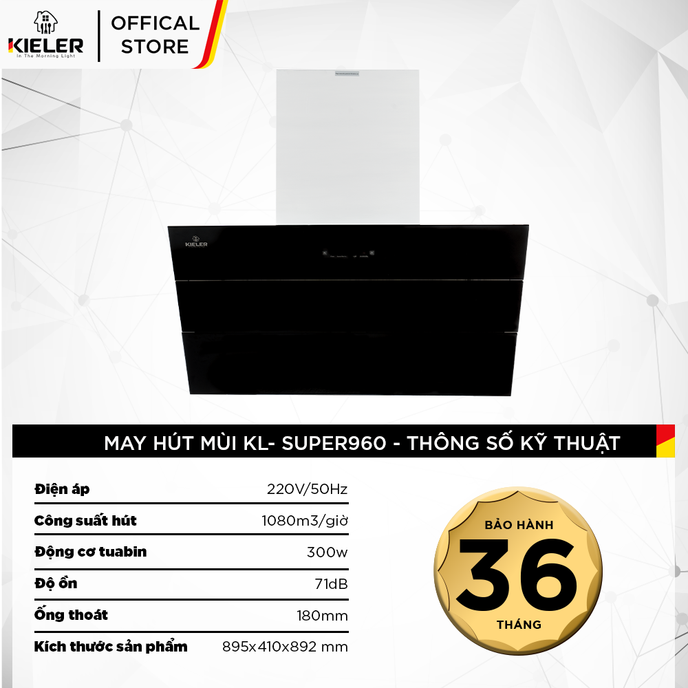 Máy hút mùi KIELER KL-SUPER960 công suất hút cao, không gây tiếng ồn, kiểu vát kính sang trọng, điều khiển bằng cử chỉ - Hàng Chính Hãng