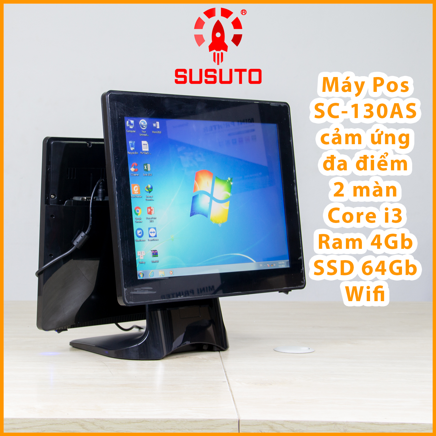 Máy POS bán hàng SC-130AS- Hàng chính hãng  (i3, 4G DDR RAM, 64G SSD, 15 inch, Black, 2 màn)