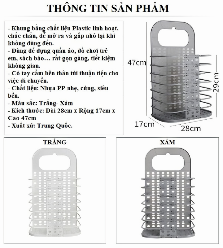 Giỏ đựng quần áo KG99 gấp gọn treo tường thiết kế thông minh dễ sử dụng 42cm (Tặng kèm 1 món quà tri ân) - Hàng chính hãng