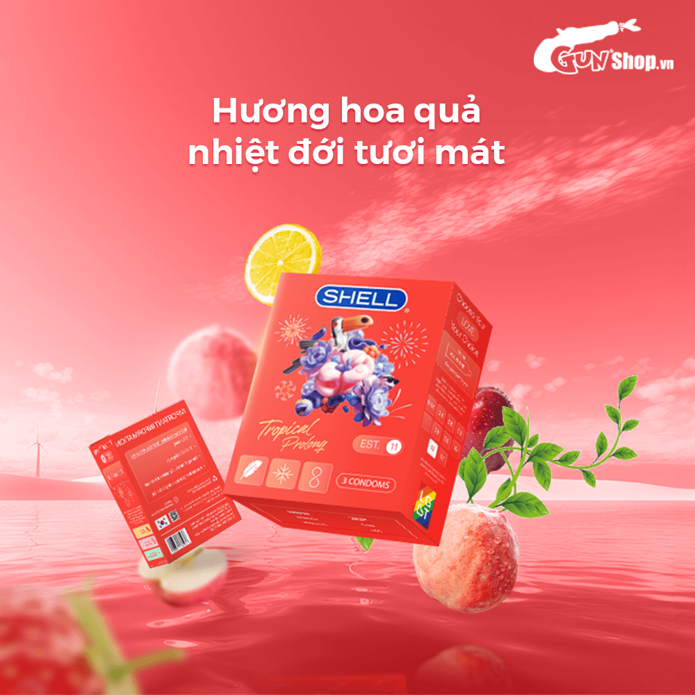 Bao cao su Shell Tropical Prolong kéo dài thời gian, hương hoa quả nhiệt đới - Hộp 3 cái