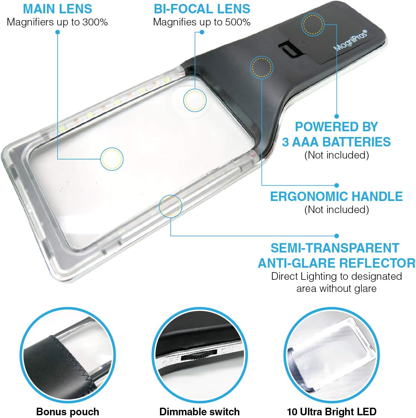 Kính lúp cầm tay đọc sách cao cấp Magnipros ED-12 (phóng đại 6x, 10 đèn LED chống chói, điều chỉnh độ sáng) (Hàng chính hãng)