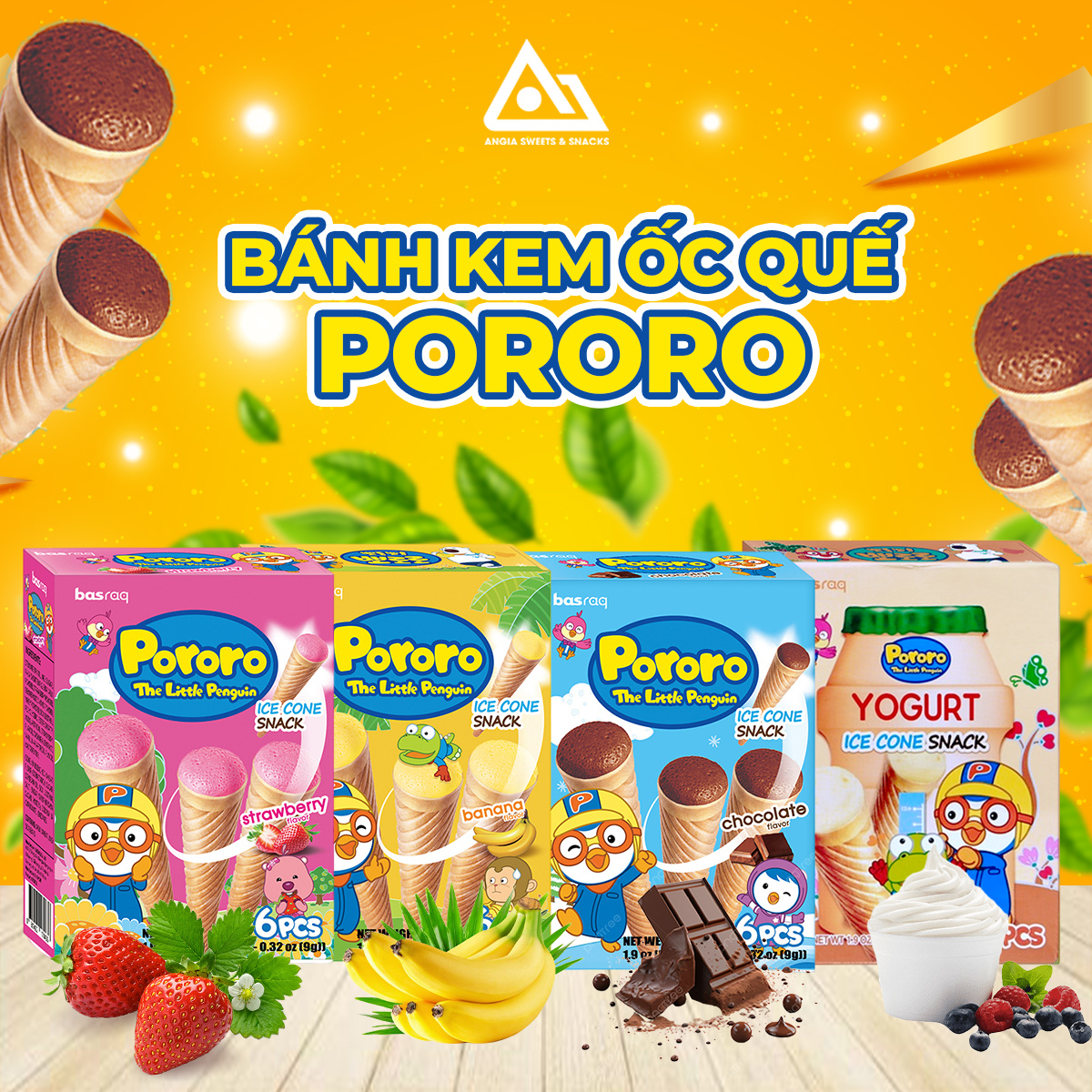 Bánh kem ốc quế Pororo Hàn Quốc 54g, bánh ăn vặt cho bé đủ vị chuối socola dâu sữa chua An Gia Sweets Snacks