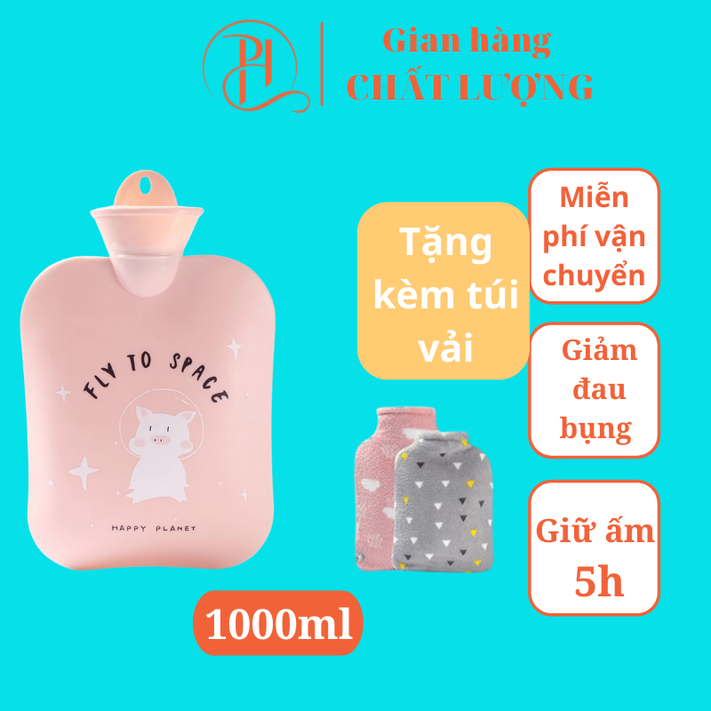 Túi chườm bụng kinh 1000ml, túi chườm nóng giảm đau bụng, đau lưng hiệu quả - Tặng kèm túi vải nhung mềm mại.