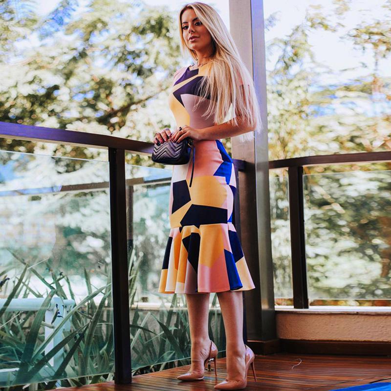 Women Ruffles Dress Floral Contrast Color Block Print Short Sleeves Mermaid Vintage Casual Midi Dress