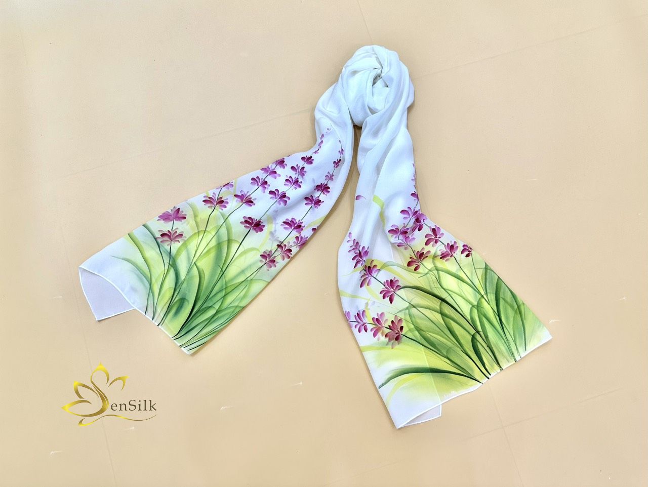Hand Painted Silk Scarf - Khăn Lụa Cao Cấp Vẽ Tay Hoa Oải Hương SenSilk 160x55cm, Quà Việt Nam Tặng Khách Nước Ngoài