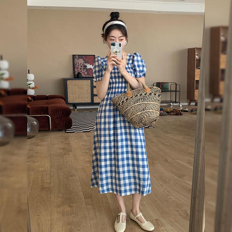 TOBE1SHOP Thanh lịch Port Wind Vintage kẻ sọc ăn vuông cổ thắt lưng sọc đi lại khí chất ngọt ngào bong bóng tay áo váy