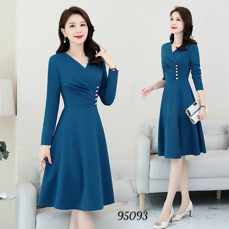 Đầm váy nữ dài tay đính ngọc dự tiệc chữ A màu đỏ xanh sang trọng quý phái