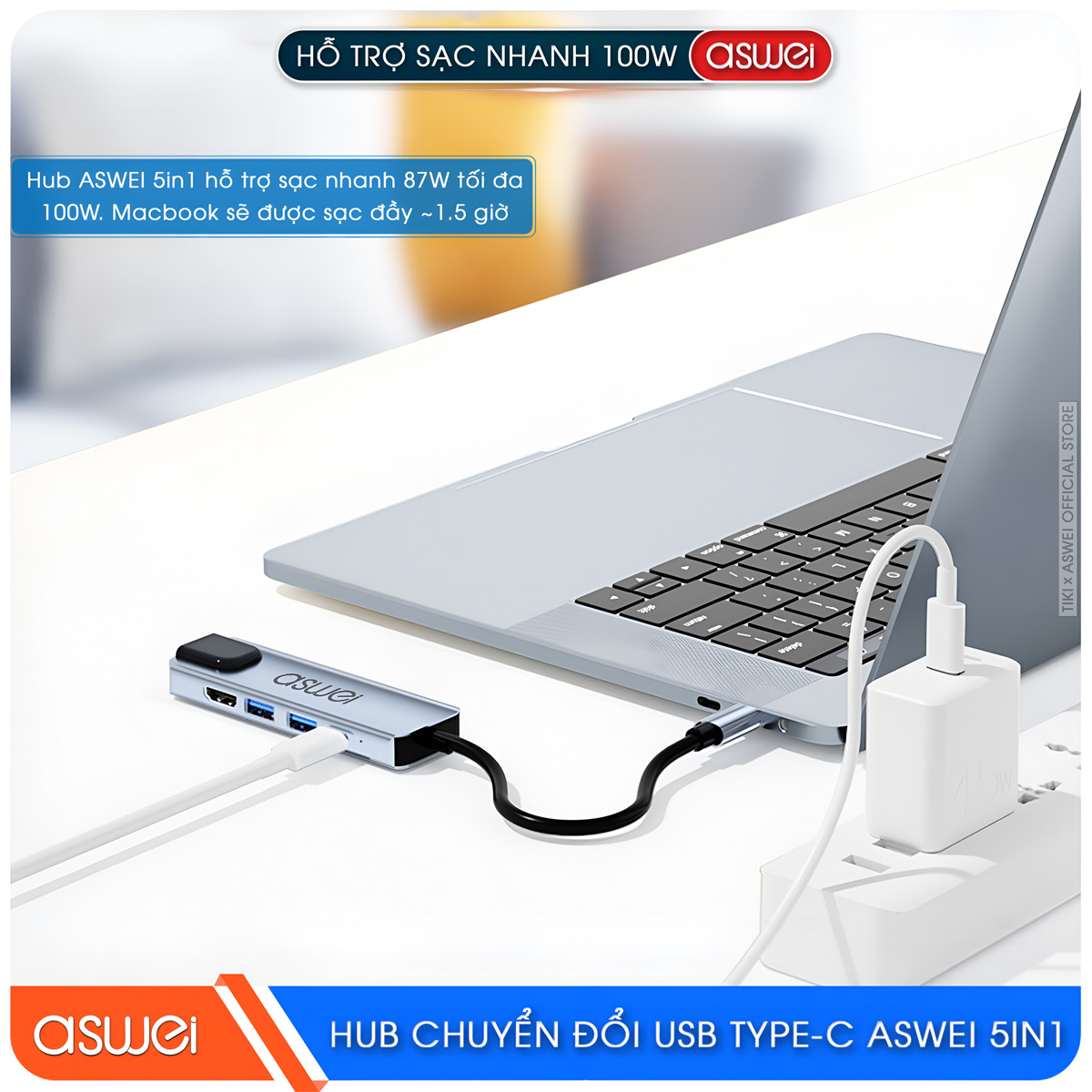 Hub Chuyển Đổi USB Type C ASWEI 5 in 1 - HDMI, USB 3.0, Lan, PD 100W Tốc Độ Cao - Hàng Chính Hãng