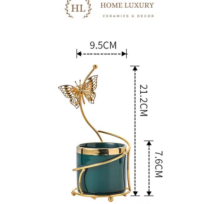 Hũ sứ Decor viền vàng kèm khung hợp kim cánh bướm | Hũ đựng thìa nĩa Decor | Lẵng Bướm Xanh Trắng 2023 (Hàng có sẵn)