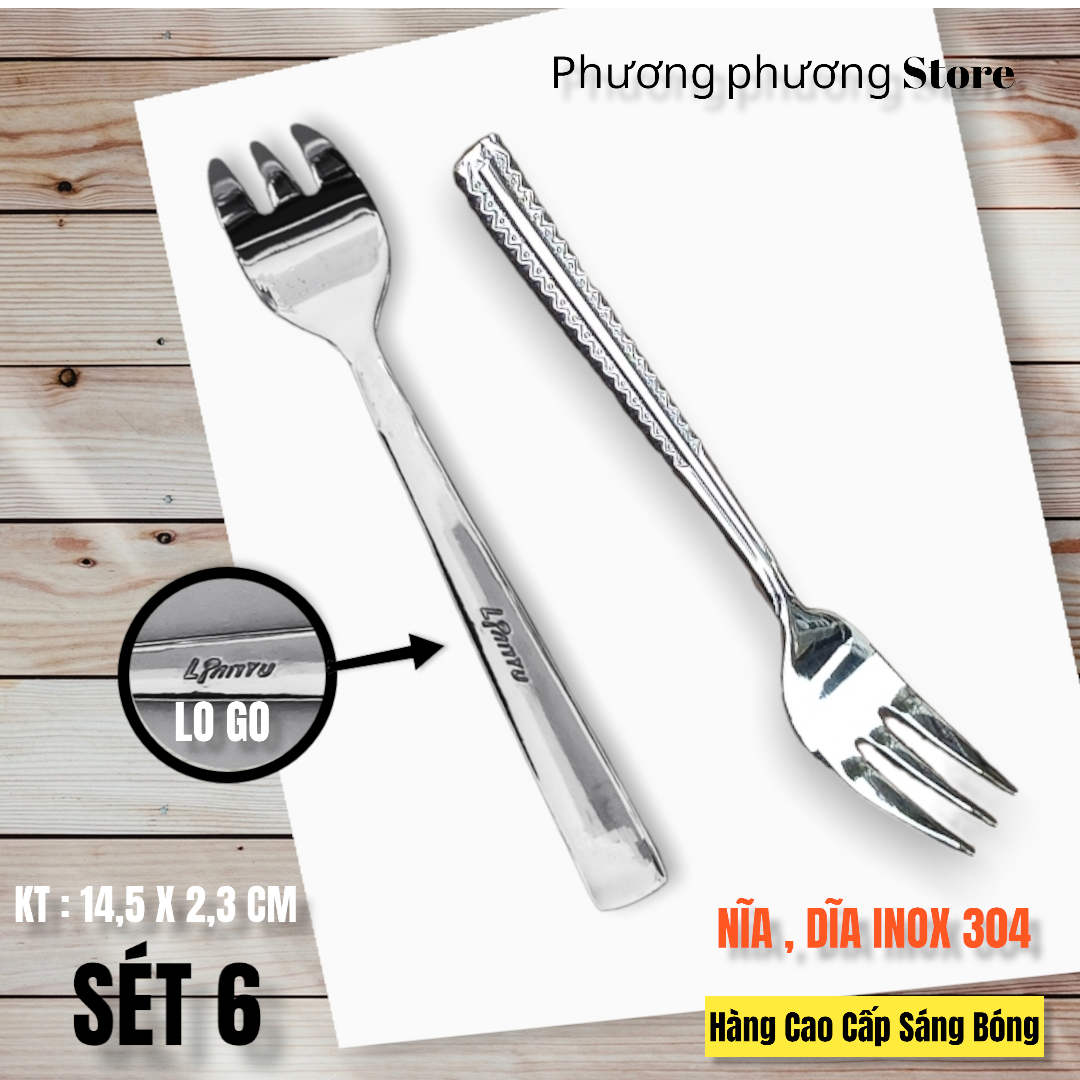 COMBO SÉT 6 NĨA / DĨA 3 RĂNG HOA VĂN CAO CẤP DÀI 14,5 CM HÀNG INOX SÁNG BÓNG XỊN SÒ