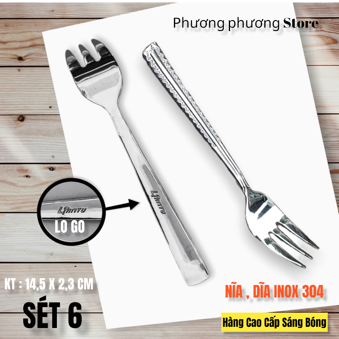 COMBO SET 6 NĨA / DĨA 3 RĂNG HOA VĂN CAO CẤP INOX 304 HÀNG SÁNG BÓNG XỊN SÒ NHẬP KHẨU