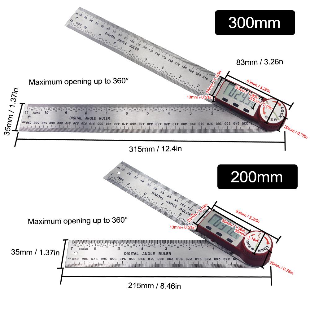 0~300mm LCD Screen Digital Ruler Stainless Steel Multifunctional Measuring Ruler Hold Function 360° Measuring Reverse