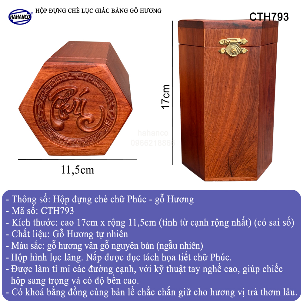 Hộp đựng trà bằng gỗ Hương mặt đục chữ Phúc - hình lục lăng, cafe, decor, giúp giữu mùi vị, vân gỗ siêu đẹp - CTH793