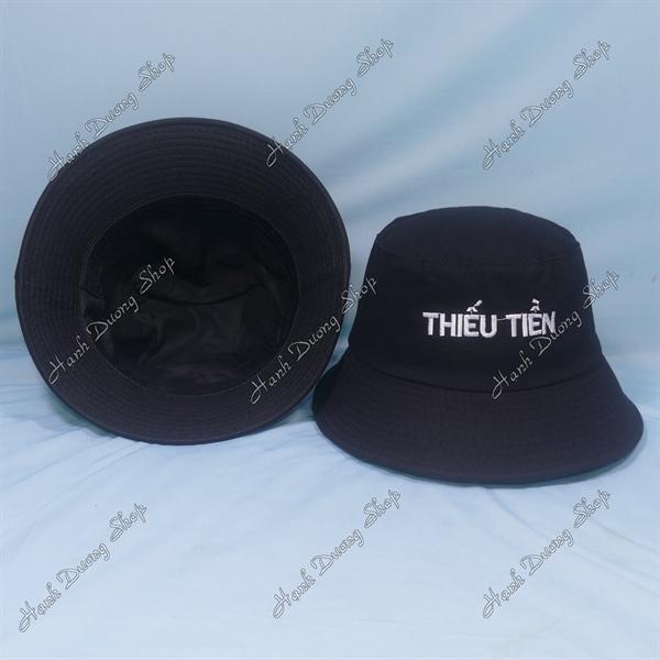 Nón tai bèo mũ bucket vành nhỏ thêu chữ Thiếu Tiền - Đen
