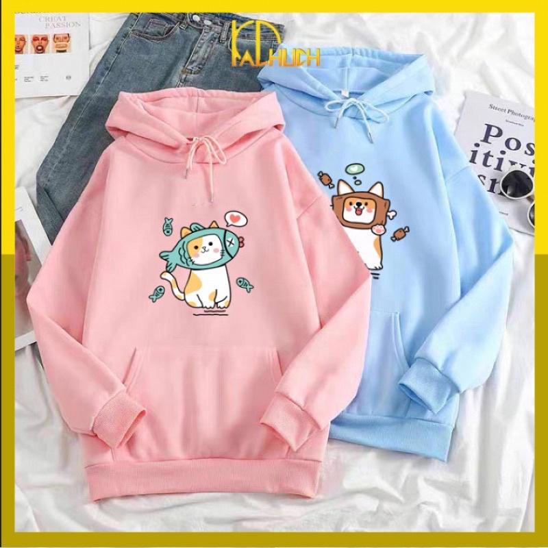 ÁO HOODIE CẶP NAM NỮ IN MÈO VÀ CÚN ĐÙI GÀ SIZE 40-70kg