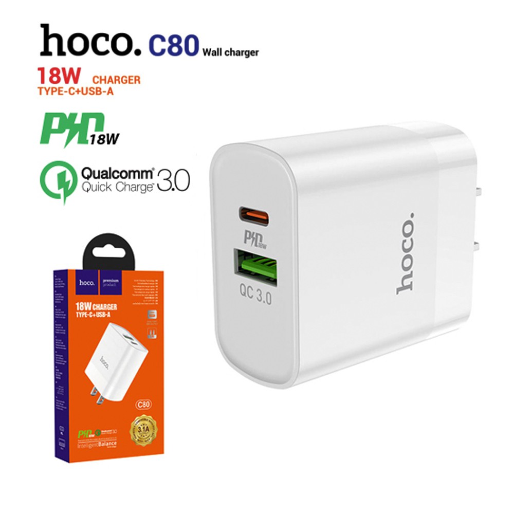 Củ sạc nhanh hoco c80 2 cổng sạc PD 20w QC3.0 cho iphone samsung...vv - hàng chính hãng