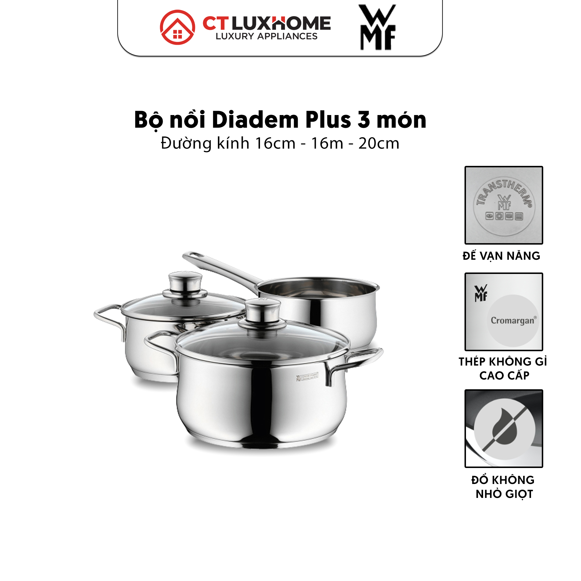 Bộ nồi DIADEM PLUS 3 Món Chất Liệu Thép Cromargan Không Gỉ Dùng Cho Mọi Loại Bếp - 0730299990