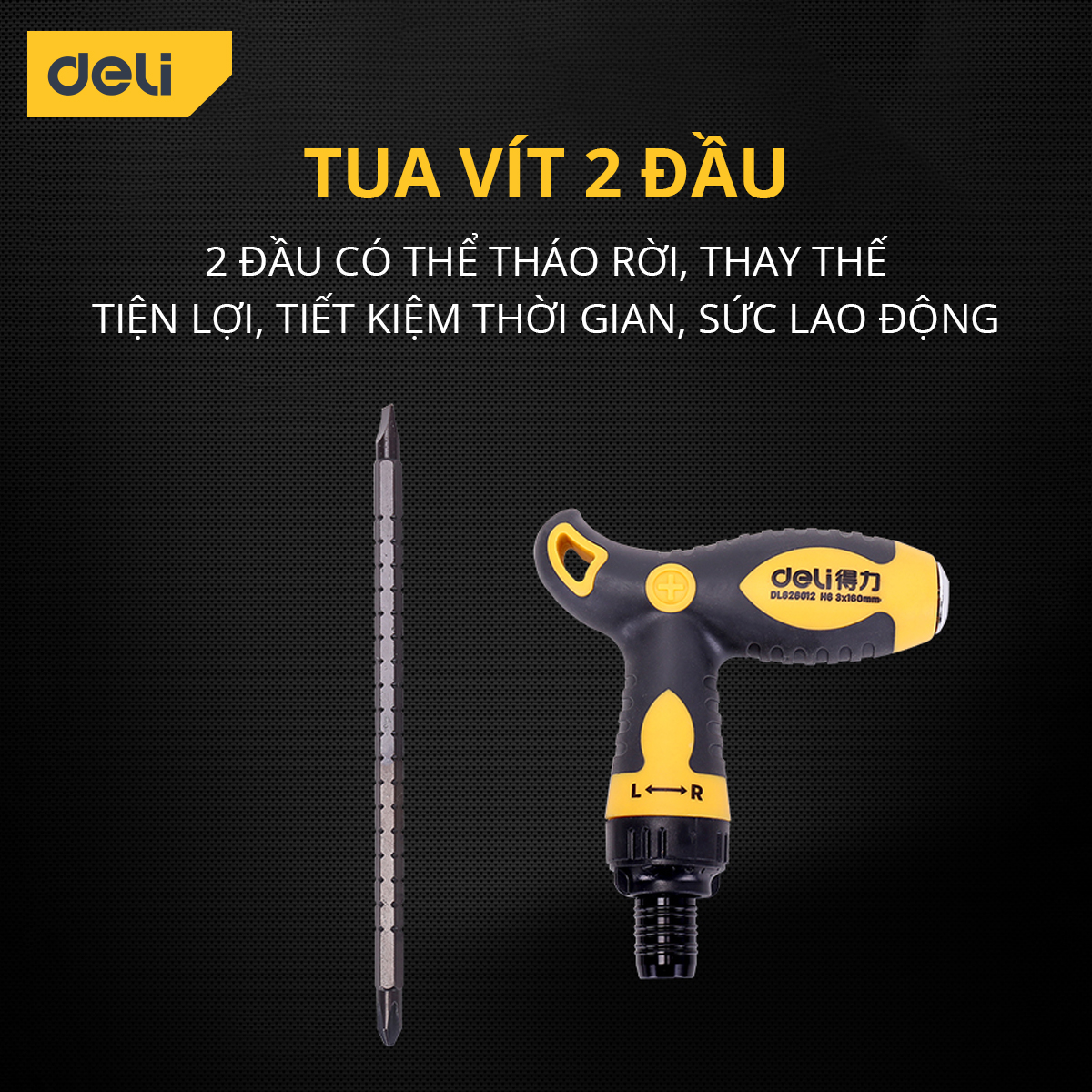 Tua Vít Trợ Lực 2 Đầu Đa Năng Deli, Đầu Vít PH2 2 Cạnh Và 4 Cạnh Tháo Rời - Tay Cầm Chống Trơn Trượt, Tiện Dụng DL626010