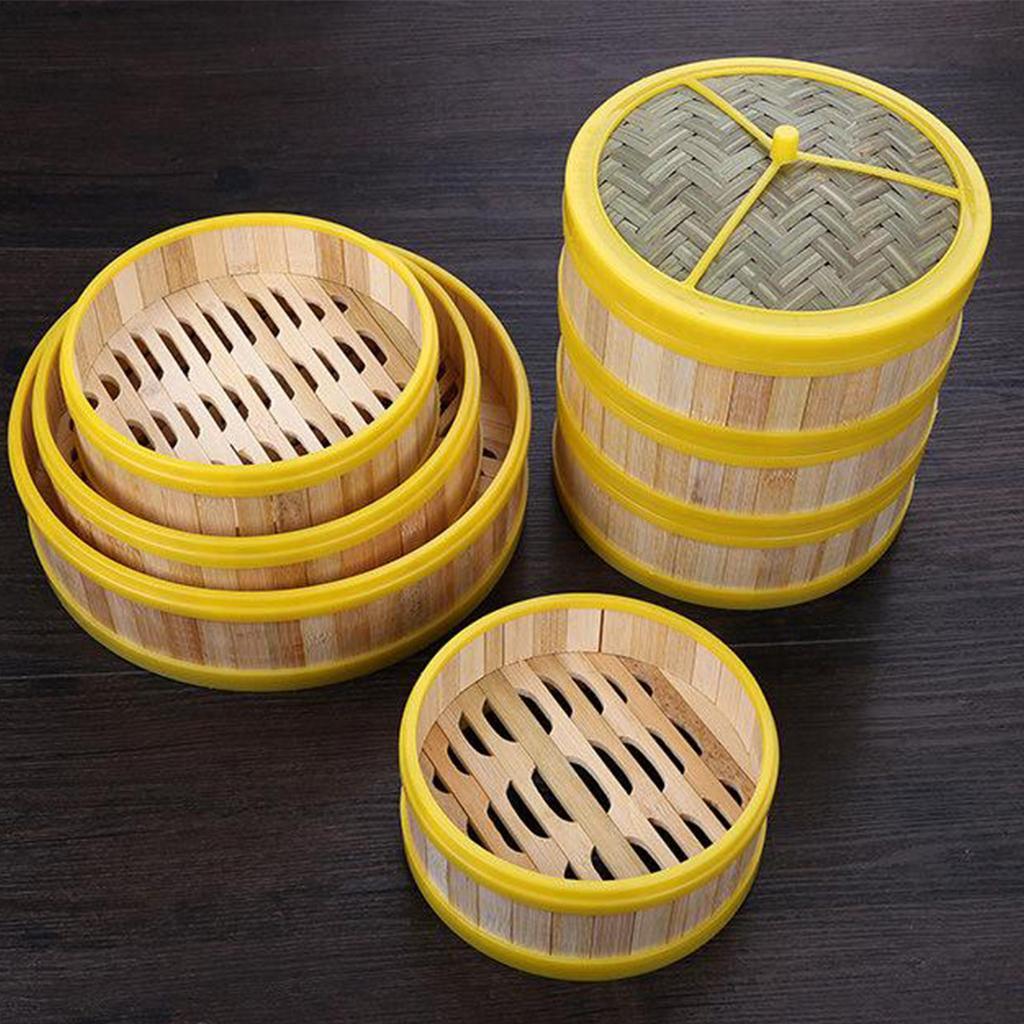 Plastic Edging Bamboo Steamer Basket for Dumpling Weaved with Lid Non-Stick